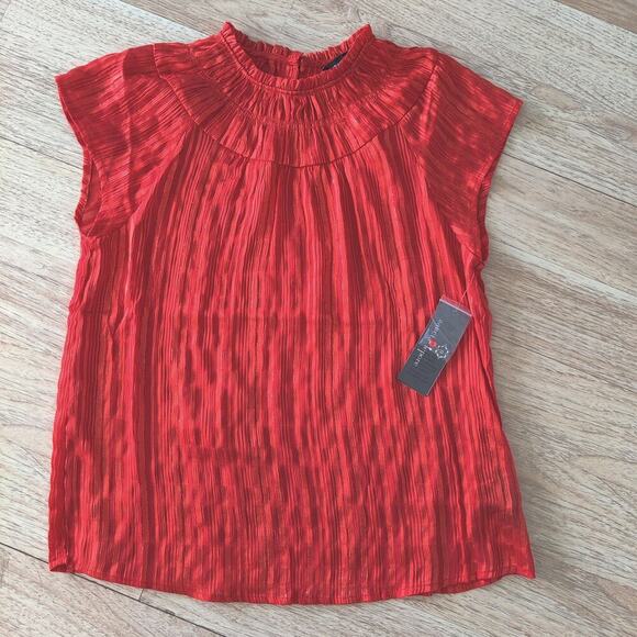 Nanette Lepore Short Cap Sleeve Blouse S Striped Metallic Ruffle Neck Orange Red - Picture 2 of 11